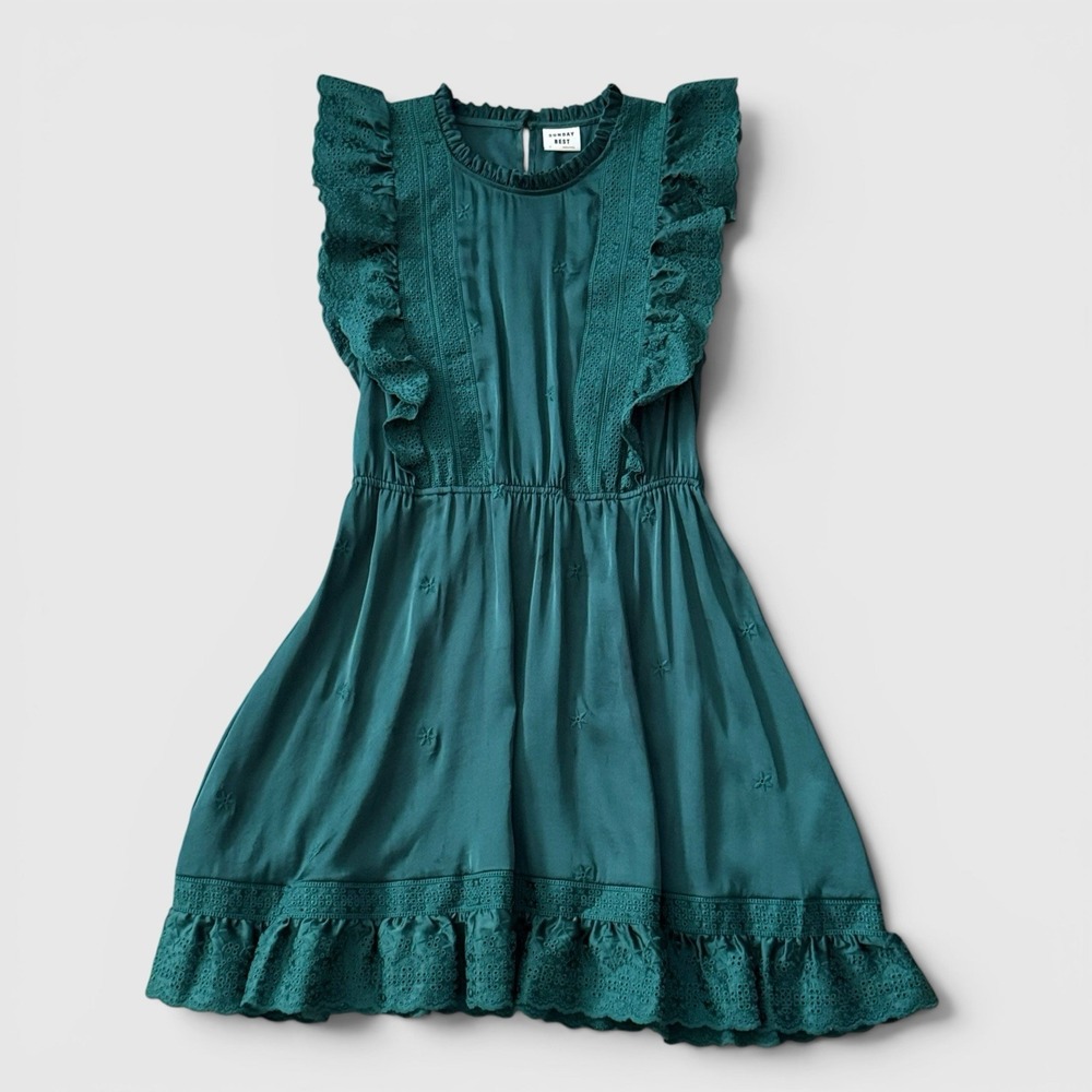 Eyelet Lace Ruffle Trim Mini Dress Emerald Green Boho Cottagecore Women's M